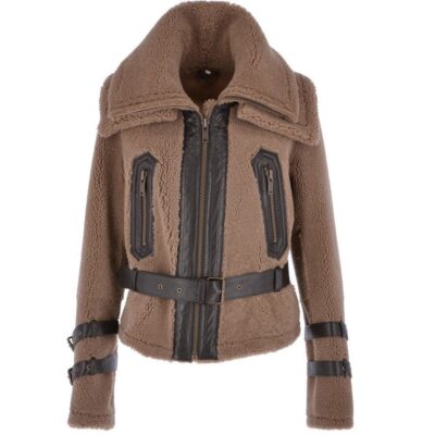Double Collar Buff-Brown Fitted Teddy Sheepskin Jacket