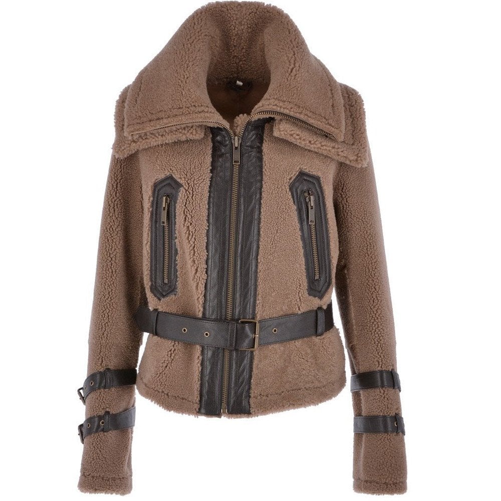 Double Collar Buff-Brown Fitted Teddy Sheepskin Jacket