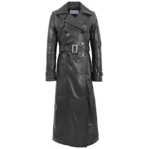 Gloria Women's Full Length Black Leather Trench Coat