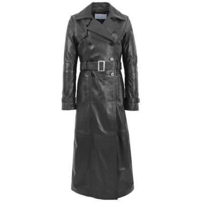 Gloria Womens Full Length Black Leather Trench Coat