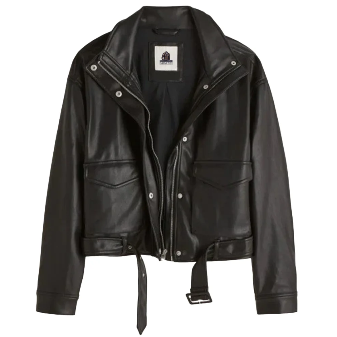 Helen Black Sheepskin Biker Bomber Leather Jacket