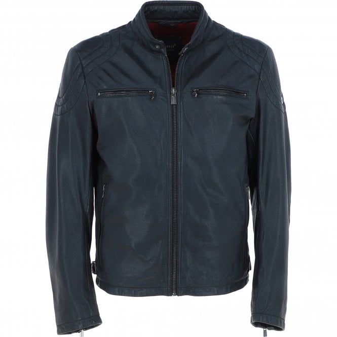 Larry Men’s Navy Blue Leather Biker Jacket