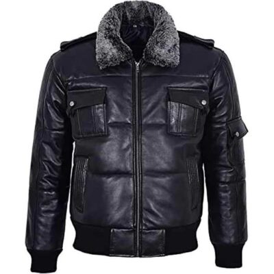 Men’s Black Shearling Puffer Bomber Leather Jacket