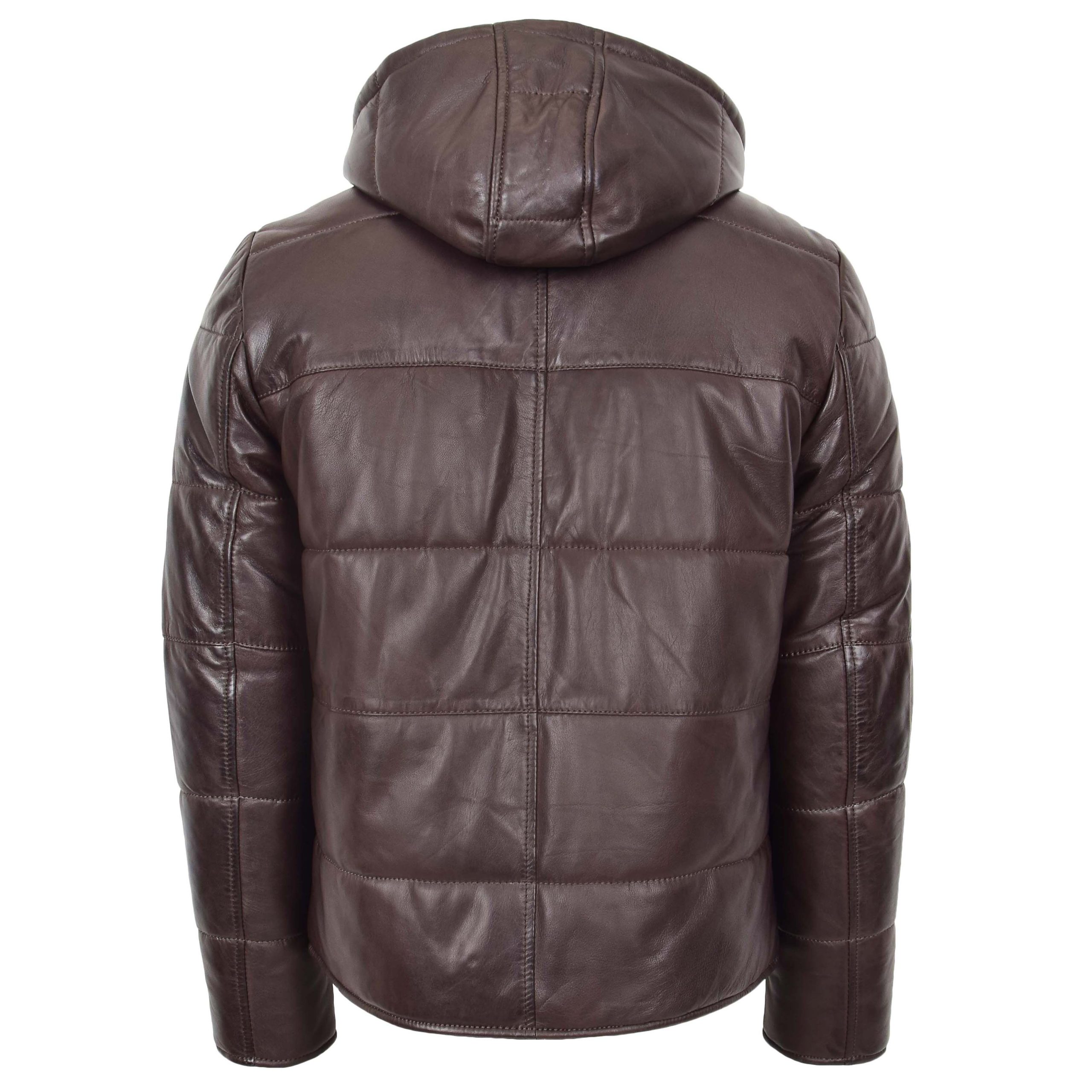 Men's Brown Detachable Hood Leather Puffer Jacket