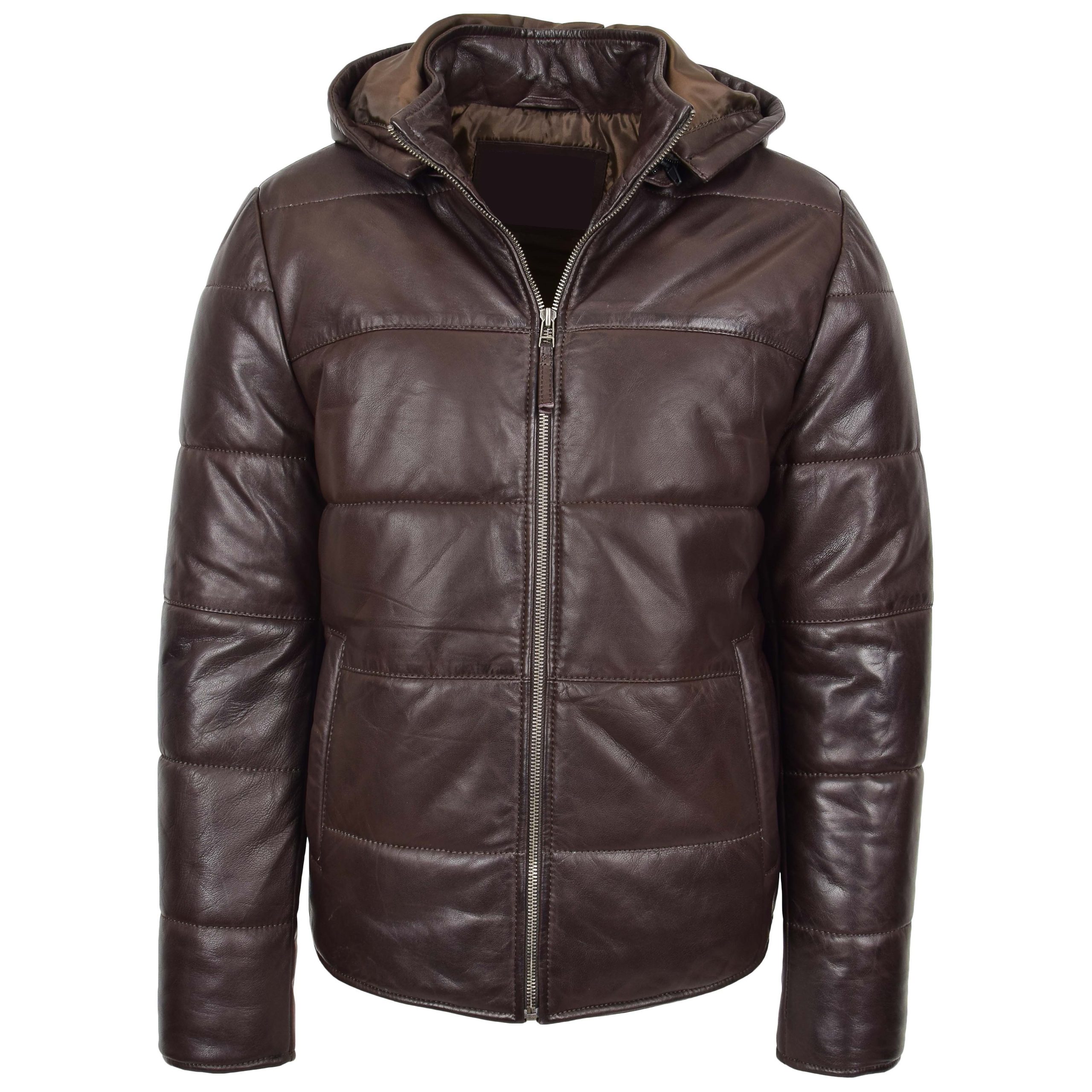 Men's Brown Detachable Hood Leather Puffer Jacket