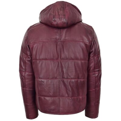 Men's Burgundy Detachable Hood Leather Puffer Jacket