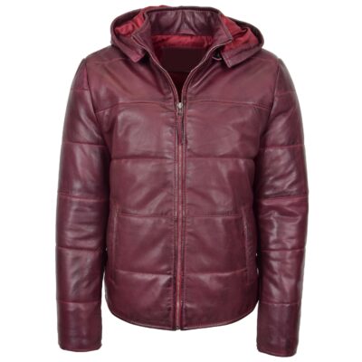Men's Burgundy Detachable Hood Leather Puffer Jacket