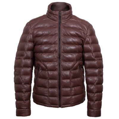 Men's Burgundy Puffer Leather Jacket