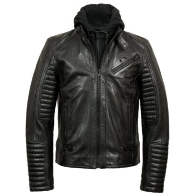 Men's Hooded Black Biker Leather Jacket