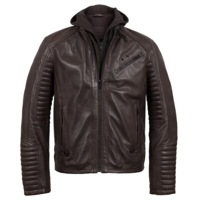Men's Hooded Brown Biker Leather Jacket