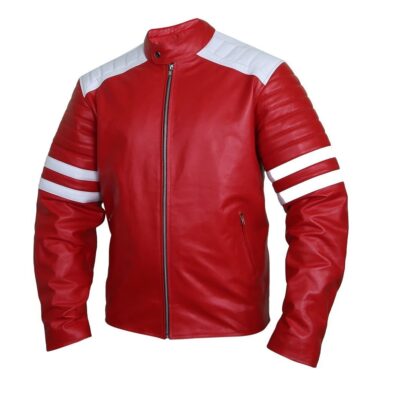 Men's Red and White Leather Racer Jacket