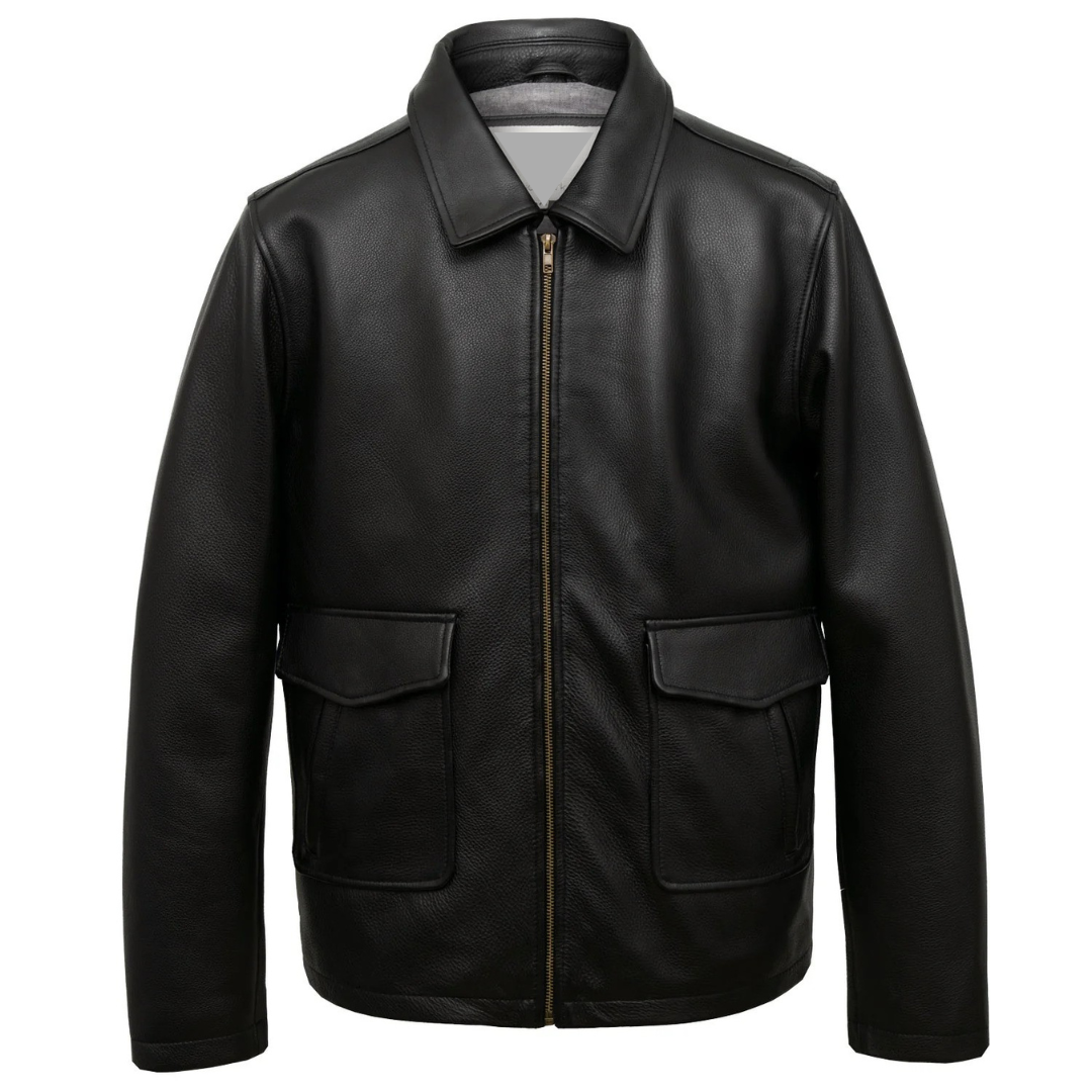 Men's Shirt Collar Black Leather Jacket