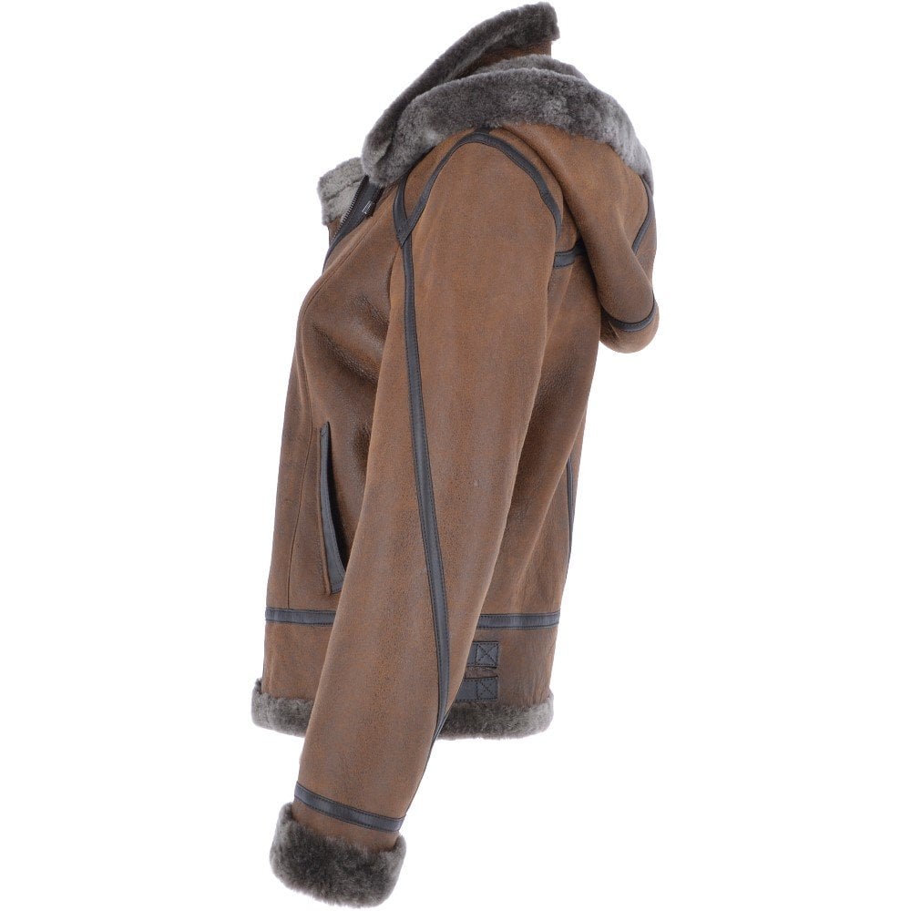 Tobacco Short Hooded Sheepskin Flying Jacket