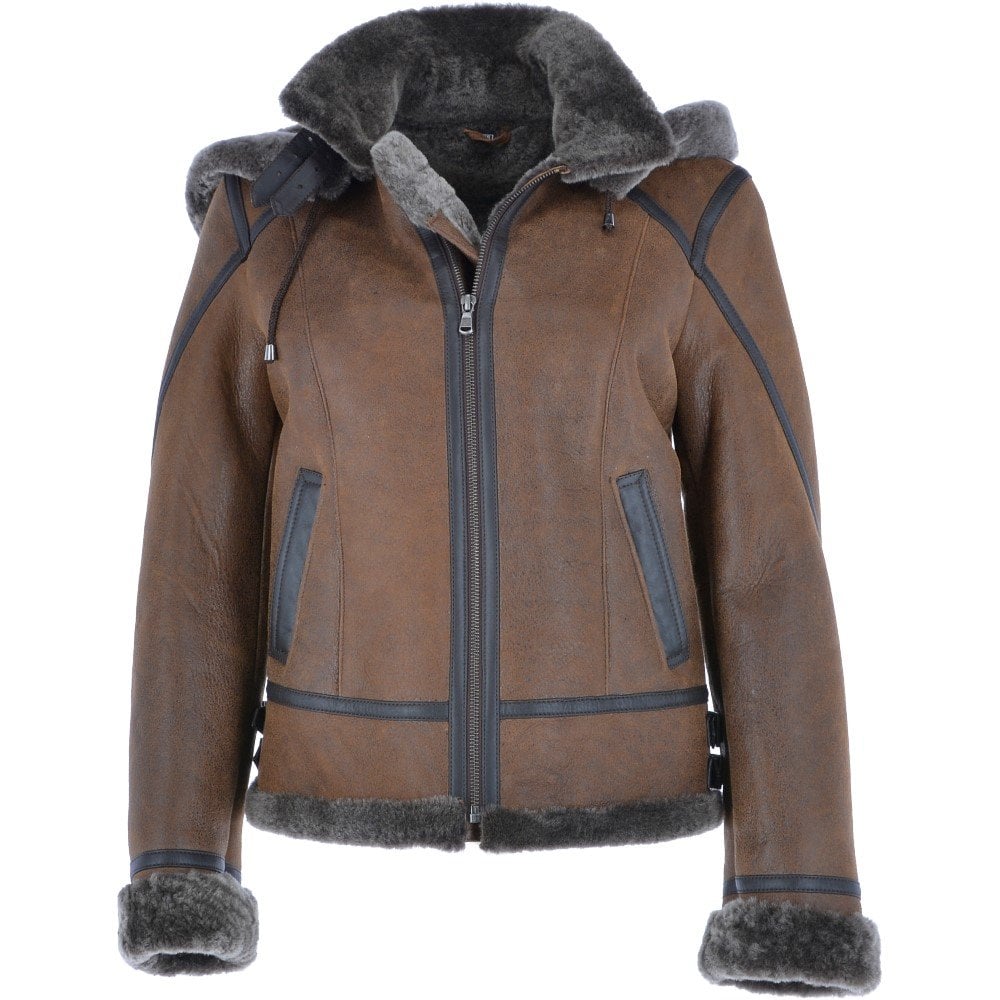 Tobacco Short Hooded Sheepskin Flying Jacket