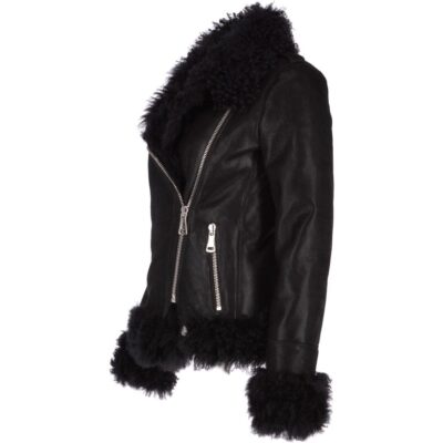 Womens Black Long Curly Sheepskin Fur Suede Jacket