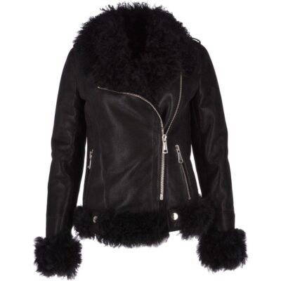 Womens Black Long Curly Sheepskin Fur Suede Jacket
