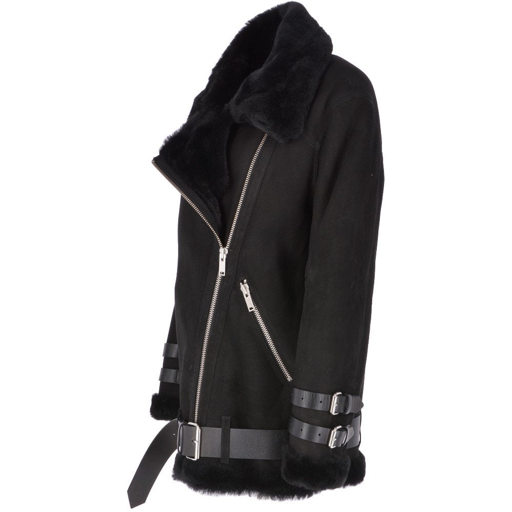 Women's Black Oversized Sheepskin Flying Jacket