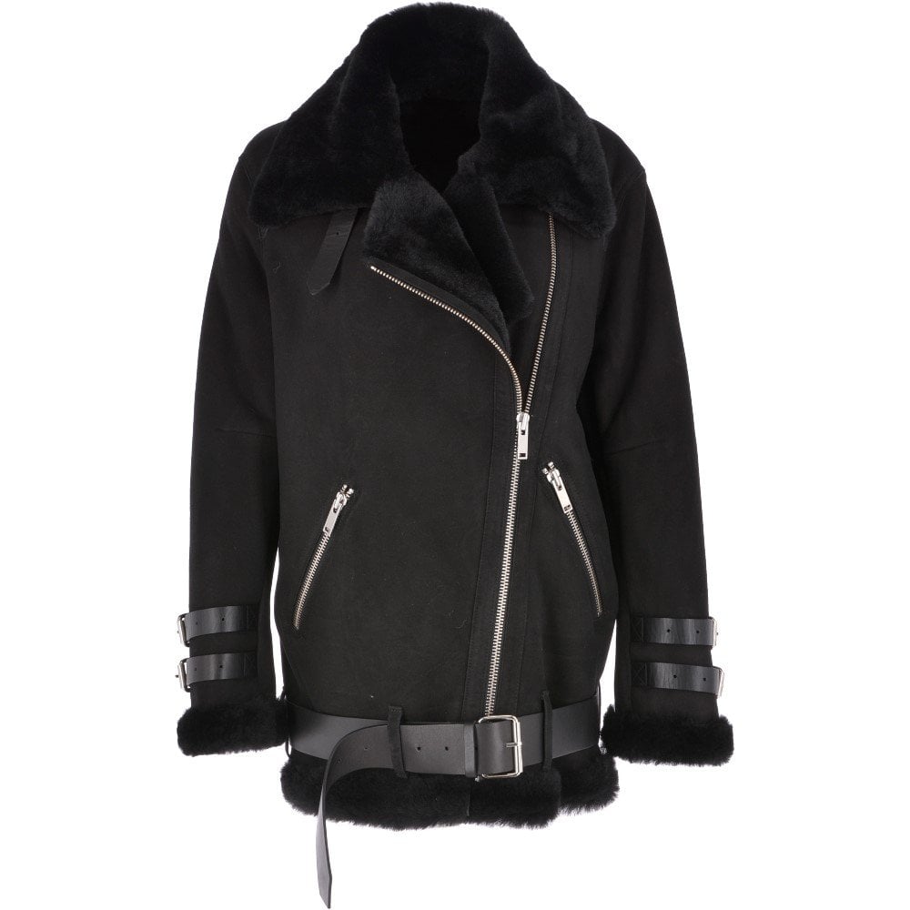 Women's Black Oversized Sheepskin Flying Jacket