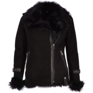 Womens Black Sheepskin Suede Pilot Jacket