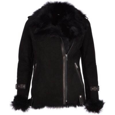 Womens Black Sheepskin Suede Pilot Jacket
