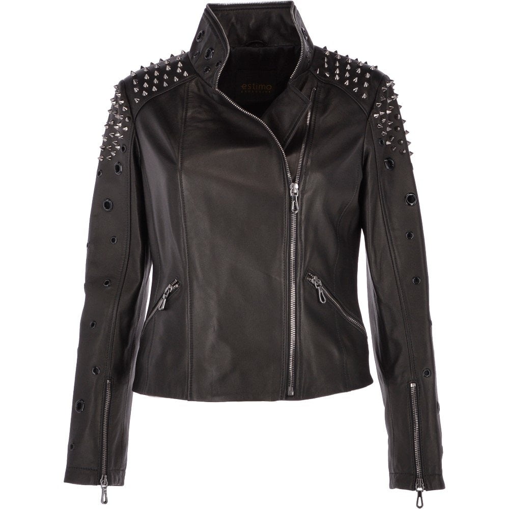 Womens Black Veg Tan Studded Leather Biker Jacket