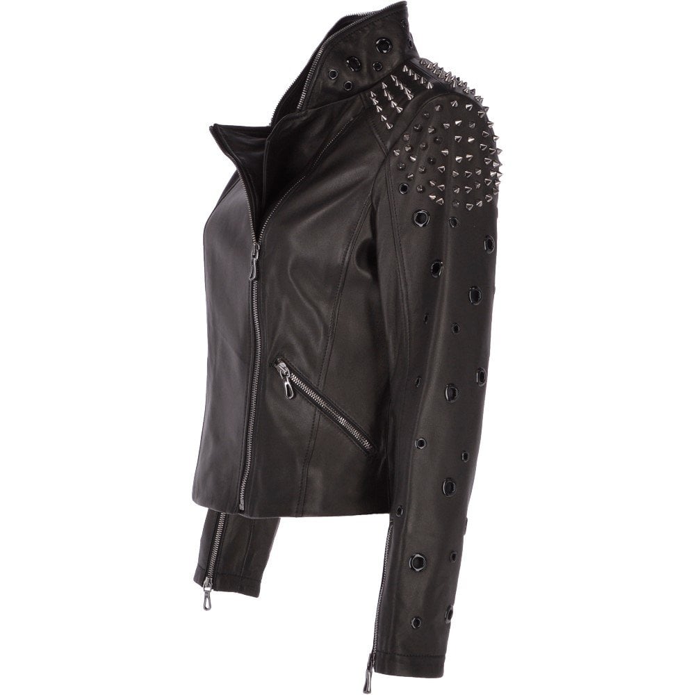 Womens Black Veg Tan Studded Leather Biker Jacket