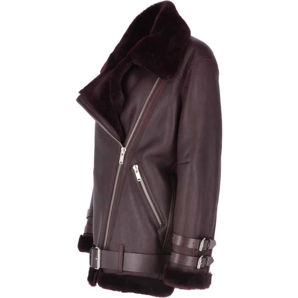 Women's Bordeaux Oversized Sheepskin Flying Biker Jacket