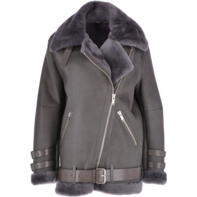 Womens Grey Oversized Sheepskin Flying Biker Jacket