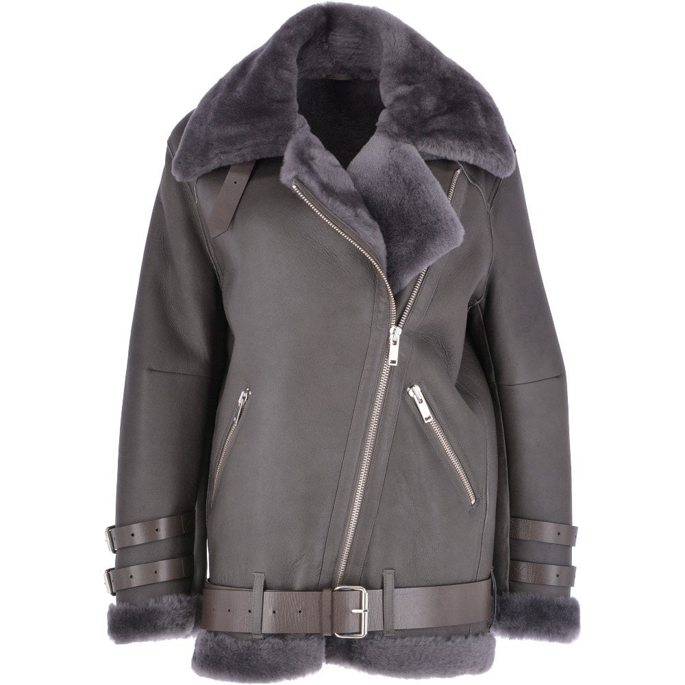 Womens Grey Oversized Sheepskin Flying Biker Jacket