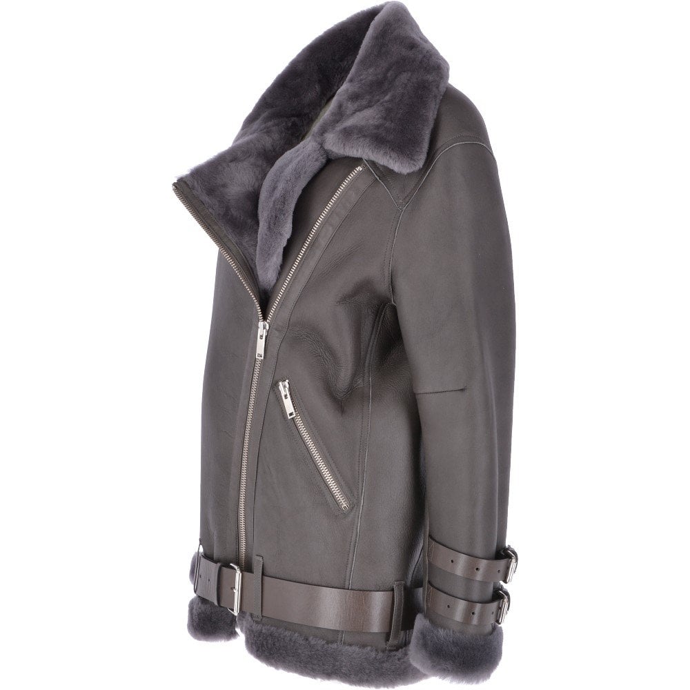 Womens Grey Oversized Sheepskin Flying Biker Jacket