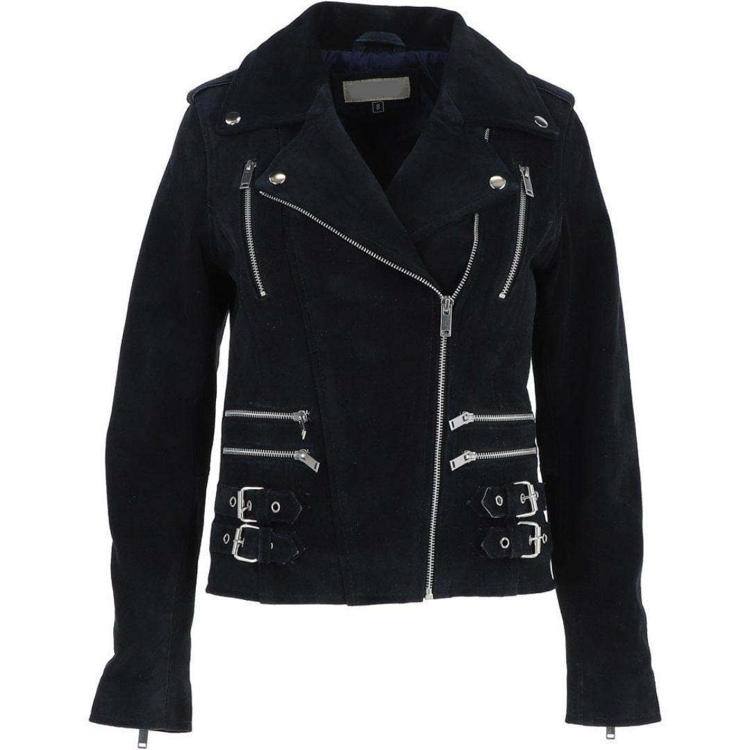 Women's Navy Blue Split Suede Biker Jacket