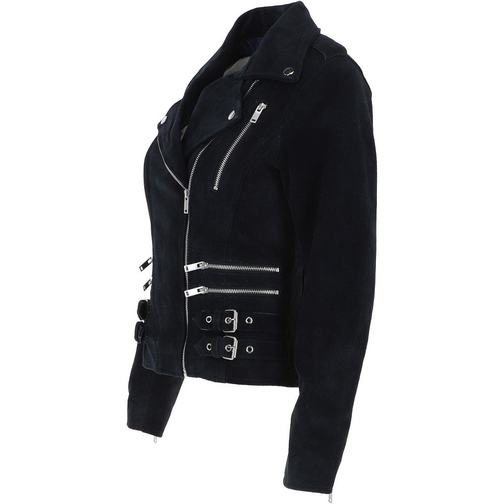 Women's Navy Blue Split Suede Biker Jacket