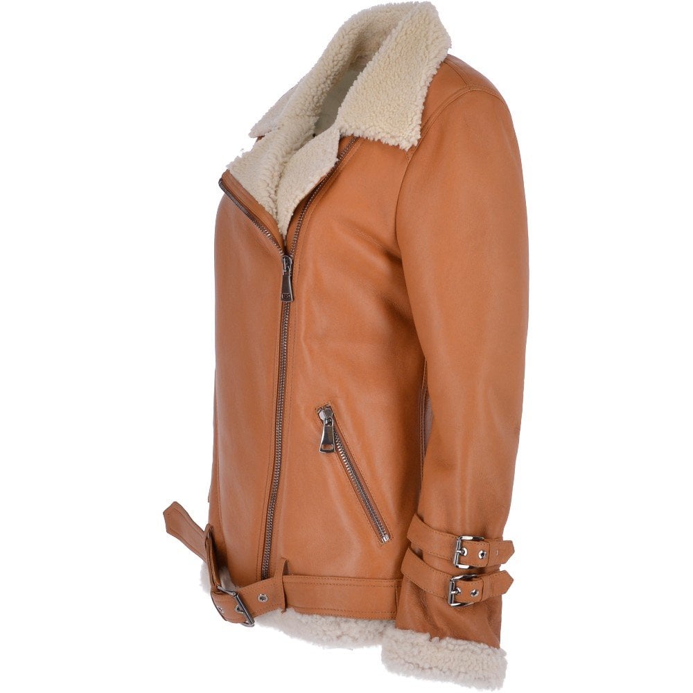 Womens Tan Luxury Sheepskin Pilot Jacket 4