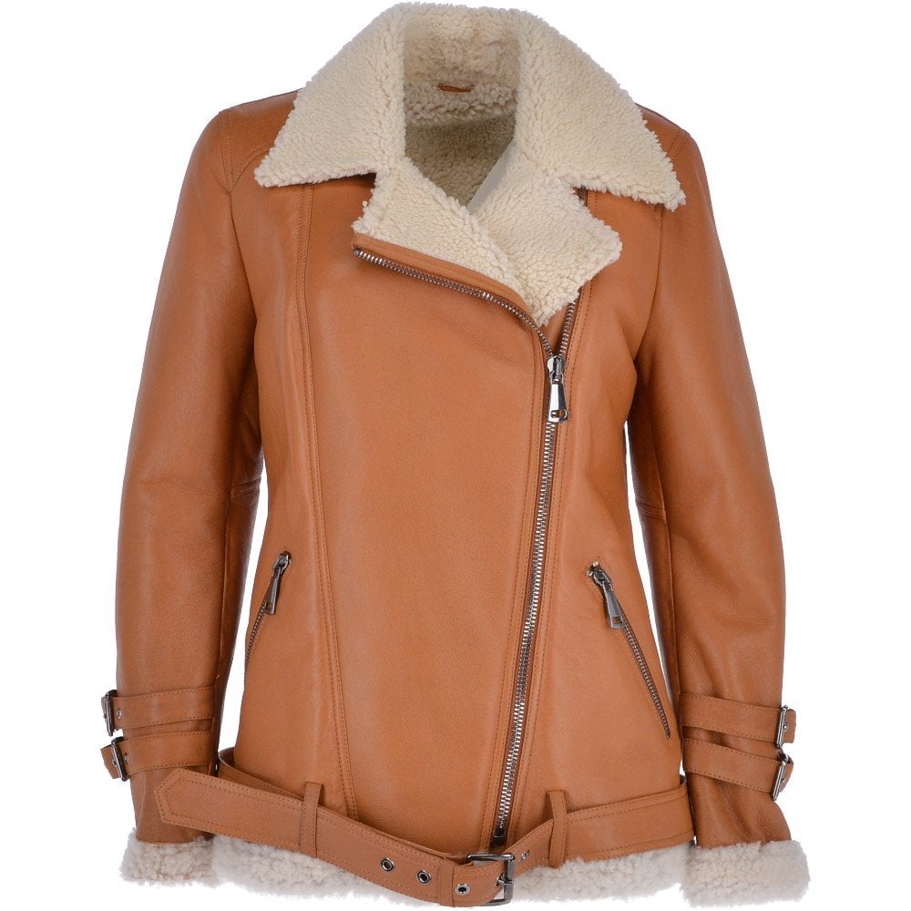 Womens Tan Luxury Sheepskin Pilot Jacket 4