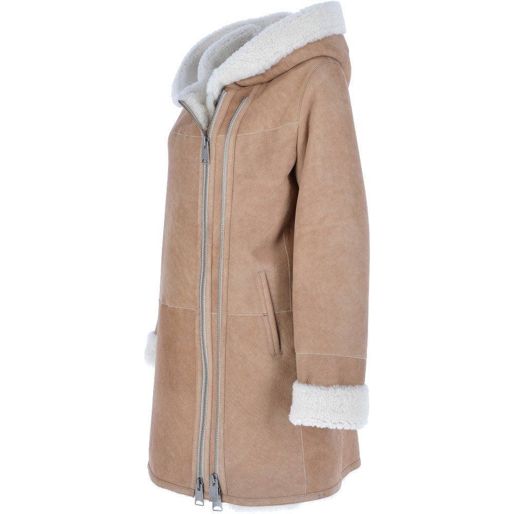 Women's Tan Sheepskin Hooded Coat