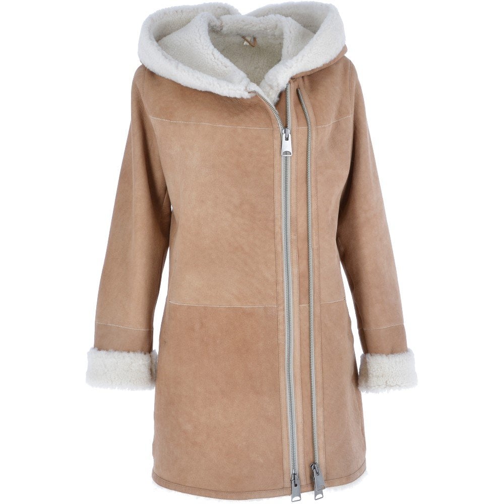 Women's Tan Sheepskin Hooded Coat