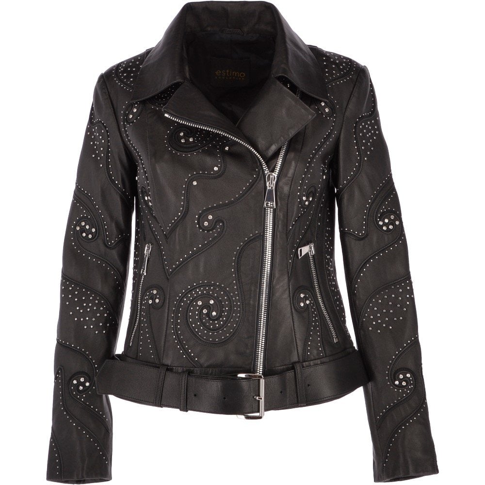 Womens Veg Tan belted Leather Studded Biker Jacket