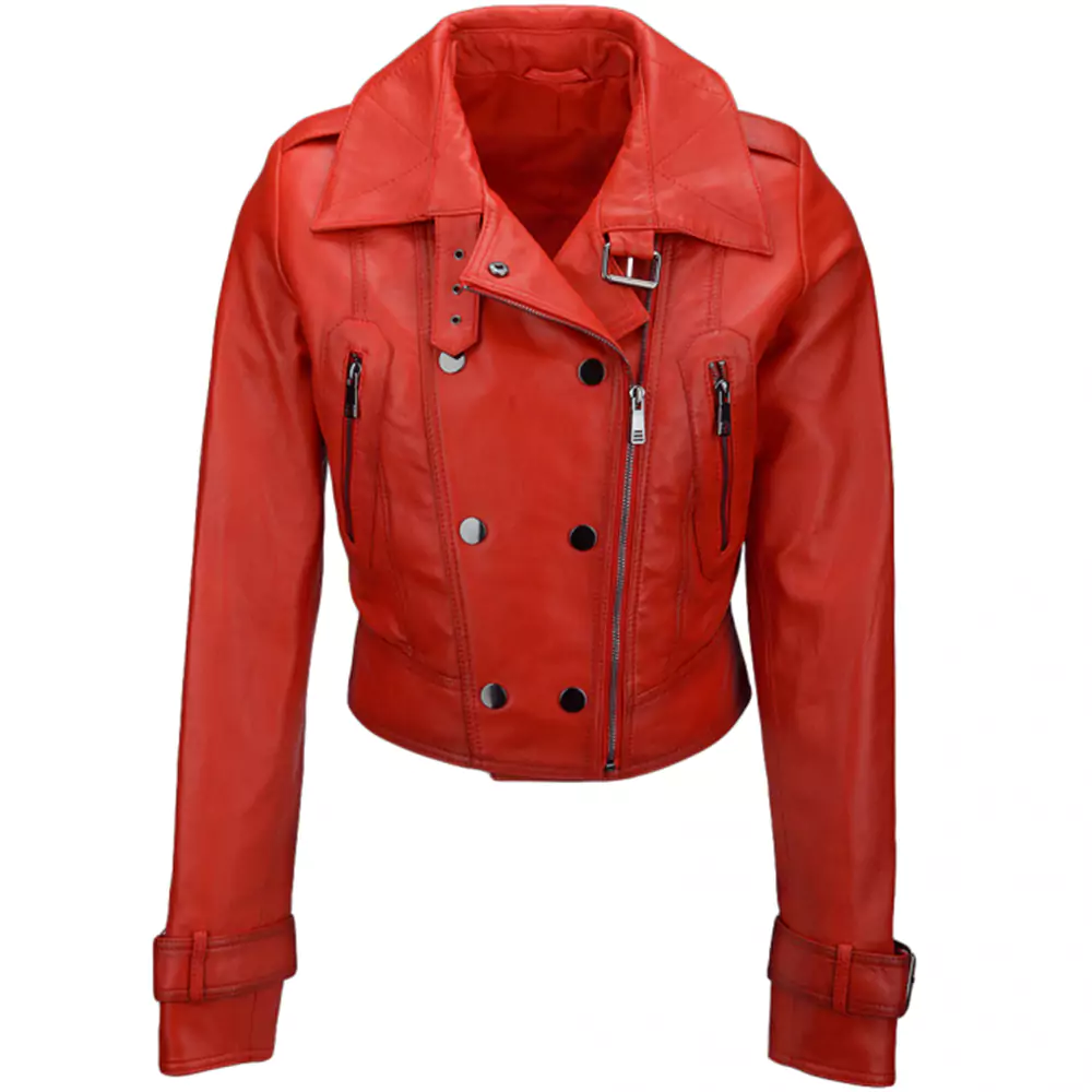 Ladies Red Short Biker Leather jacket