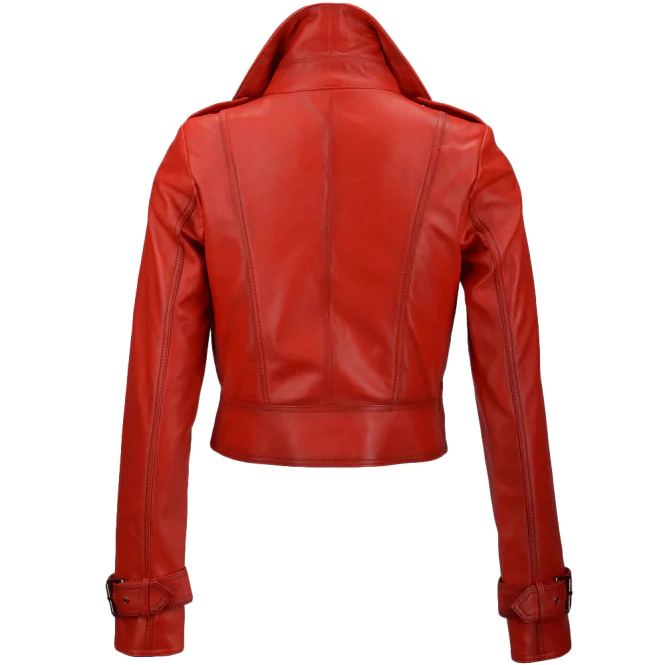 Ladies Red Short Biker Leather jacket