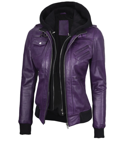 Beverly Women’s Purple Hooded Leather Jacket