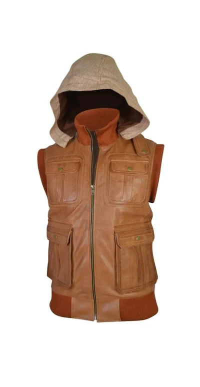 Bradley Men's Tan Removable Hoodie Leather Vest