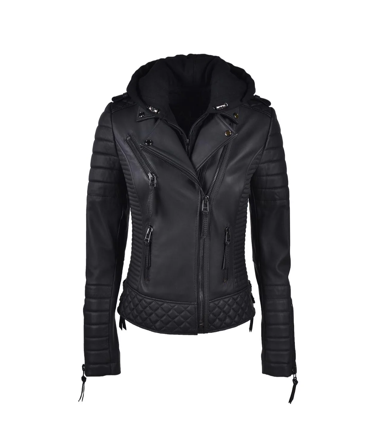 Cleburne Women's Black Hooded Biker Leather Jacket