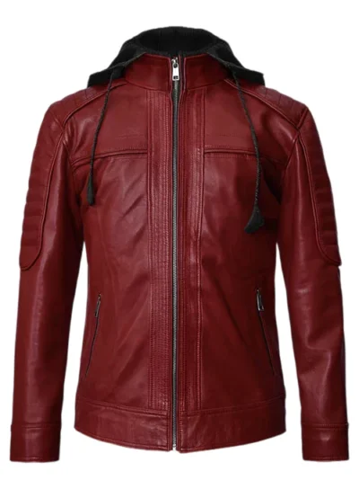 Clovis Men's Red detachable hood Leather Jacket
