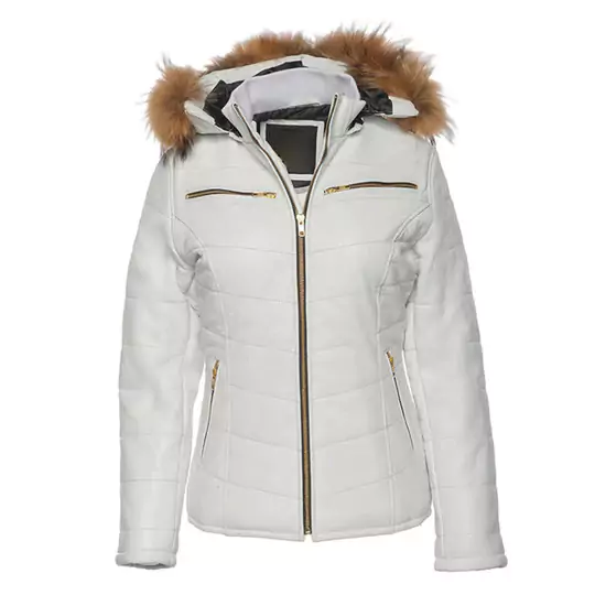 Clovis Women's White hood Puffer Leather Jacket