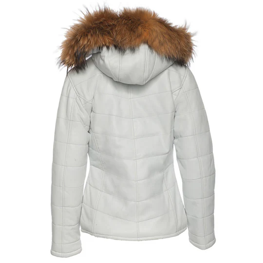 Clovis Women's White hood Puffer Leather Jacket