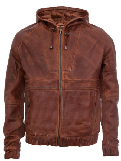 Darien Men's Brown Leather Hooded Bomber Jacket