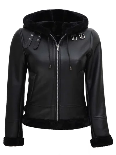 Elyria Women’s Black Leather jacket with hood