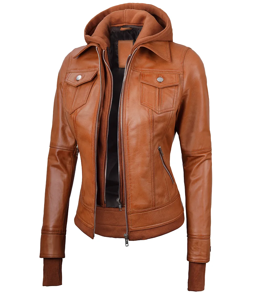 Eveleth Women’s Tan Hooded Leather Jacket