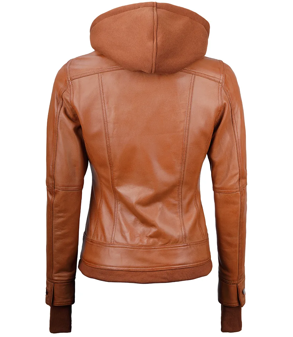 Eveleth Women's Tan Hooded Leather Jacket