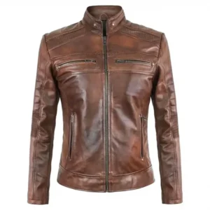 Galvez Women's Brown Distressed Cafe Racer Jacket
